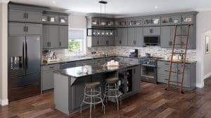 Dark grey kitchen cabinets with classic black