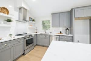 Light grey cabinets and white countertops